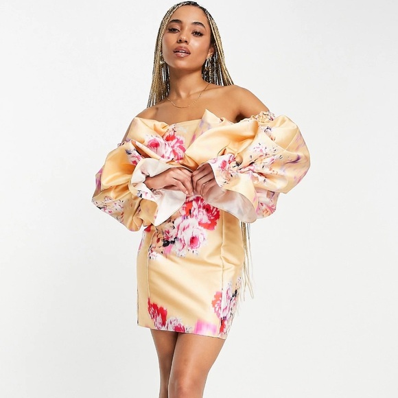 ASOS Pink and Orange Floral Puff Sleeve Off Shoulder Mini Dress size 2 XS NWT - Picture 3 of 12